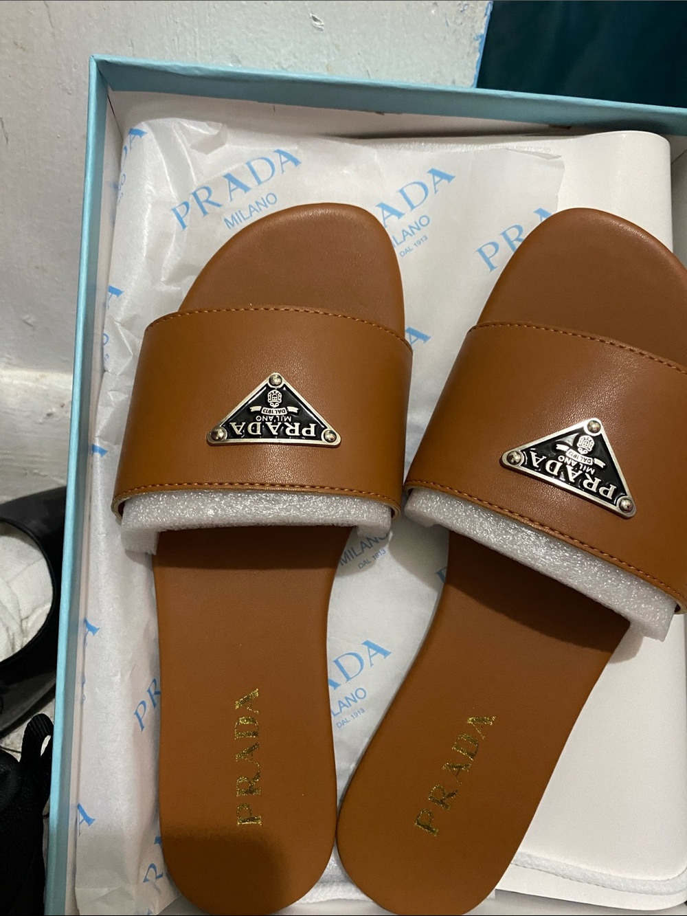 Prada Tan Leather Slide Sandals with Logo Plaque